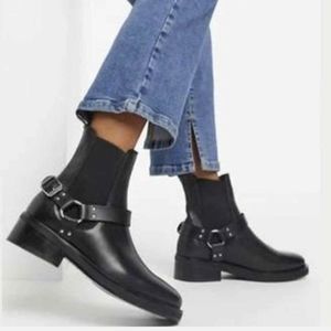 Allsaints Black Salome Biker Chelsea Boot Leather Slip On Buckle Bootie